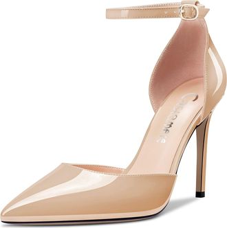 Castamere Women Stiletto High Heel Pointed Toe Ankle Strap Two-Piece Dress Pumps Court Shoe Slip-on Buckle Wedding Party 10 CM Heels Beige 7.5 UK