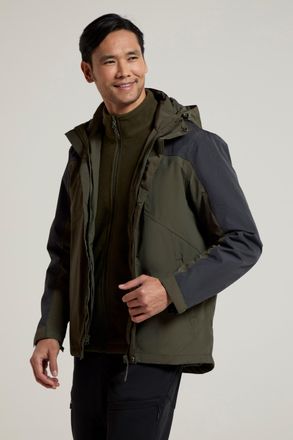 Mountain Warehouse District Mens 3 in 1 Waterproof Jacket Warm Inner Fleece Hooded Winter Coat Khaki
