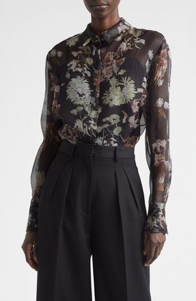 Altuzarra Chika Floral Print Sheer Silk Organza Button-Up Shirt in Black Flowers at Nordstrom, Size 4 Us