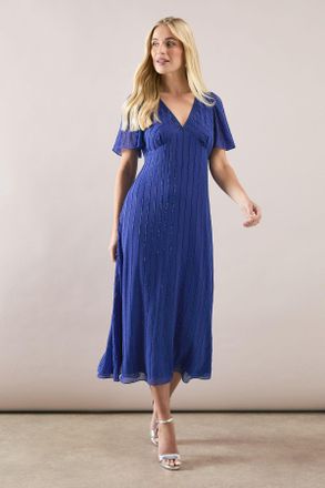 Wallis Womens Petite Beaded Embellished V Neck Midi Dress - Blue - Size 10 UK
