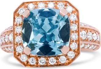 House of Brilliance 18K Rose Gold 10x10mm Cushion Shaped Aquamarine and 1 1/8 Cttw Round Diamond Halo Ring