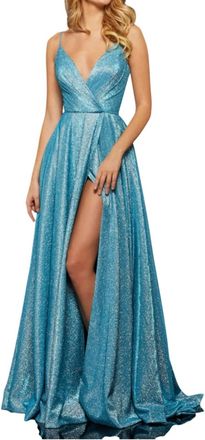 Sherri Hill Surplice V-Neck Formal Gown In Turquoise/silver