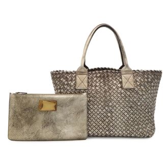 Bottega Veneta Intrecciato Gold Silver Leather Pouch Tote Bag (Pre-Owned)
