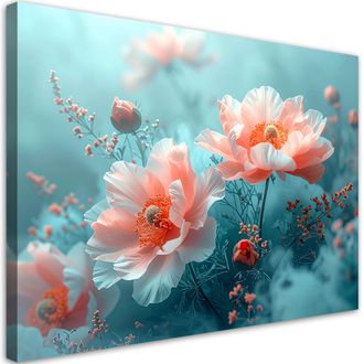 Feeby Cuadro Sobre Lienzo Peonias Coralinas Sobre Fondo Azul En Estilo Pict&oacute;rico 100x70