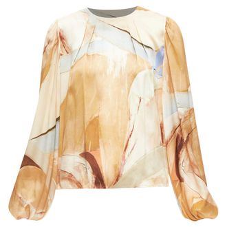 Aje AJE 2018 100% silk beige blue abstract brush print puff sleeve top UK6 XS