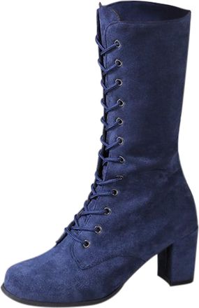 Generic Women Mid Calf Boots Chunky Mid Heel Lace Up Boots Casual and Versatile Combat Boots Non Slip Vintage Suede Knee Calf Ankle Boots Added Durability Com