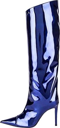 Generic Women High Heel Patent Leather Knee-High Boots Pointed Toe Reflective Design Boots