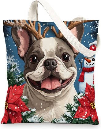 Generic Winter Christmas French Bulldog Dog Canvas Tote Bag for Shopping 13x15, Snowman Xmas Puppy Pet Reusable Grocery Print Bag for Women, Holiday Beach Aes