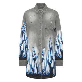 Philipp Plein Denim Shirt LS Flame Racing - Dames - Spijkeroverhemden - Grijs - M - Denim - Overhemden