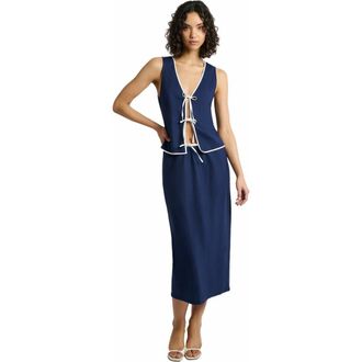 Onia Air Linen Tie Front Tank in Deep Navy/white at Nordstrom, Size Xx-Small