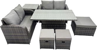 Fimous 7-seater Patio Height Adjustable Rising Lifting Table Sofa Sets Rattan Garden Furniture Dining Set with 3 Stools Side Table Dark Grey Mixed - Fimous