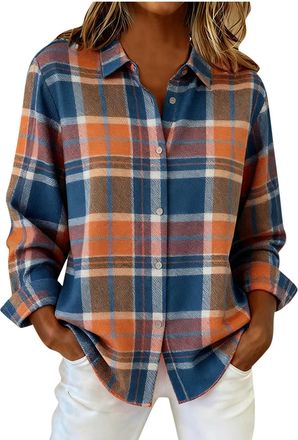 Generic Ladies Flannel Checked Shirt Cotton Long Sleeve Button Down Plaid Blouse Oversized Loose Casual Check Tops Soft Breathable Womens Plaid Shirts for Dai