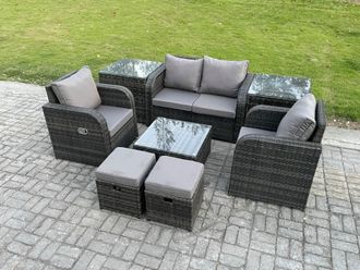 Fimous Rattan Garden Furniture Set Patio Conservatory Indoor Outdoor 8 Piece Set with Love Sofa Square Coffee Table in Dark Grey