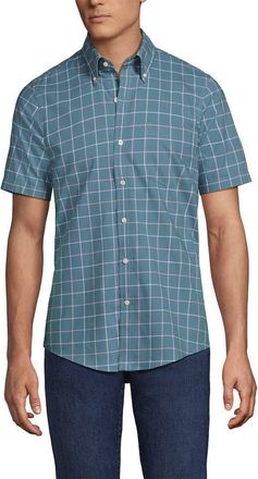 Lands End Short Sleeve No Iron Twill Shirt in Rain Storm Blue Windowpane at Nordstrom, Size Xx-Large
