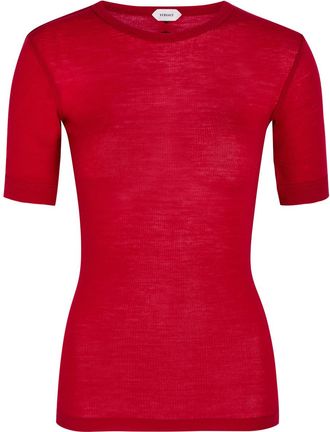 Versace Ribbed Logo-embroidered Wool T-shirt - Red - 42 (UK10 / S)