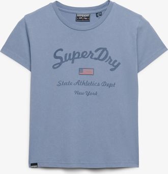 Superdry Print-Shirt SUPERDRY ATH ESS FITTED GRAPHIC TEE, Damen, Gr. XL, tidal blau, Single Jersey, Obermaterial: 100% Baumwolle, meliert, slim fit normal, Run