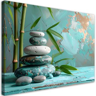 Feeby Cuadro Sobre Lienzo, Piedras Zen Spa Hojas De Bamb&uacute;, 120x80