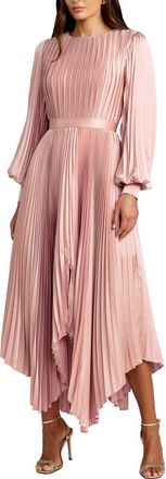 Mac Duggal Long Sleeve Pleated Charmeuse Handkerchief Dress in Blush at Nordstrom, Size 18