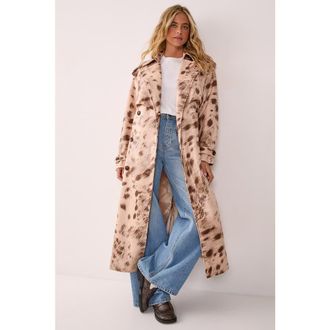 NASTY GAL Cow Print Faux Leather Trench Coat in Cream at Nordstrom, Size 10