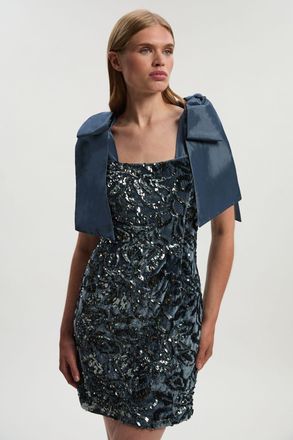 Karen Millen Womens Velvet Sequin Woven Mini Dress With Taffeta Bow Tie Detail - Silver - Size 14 UK