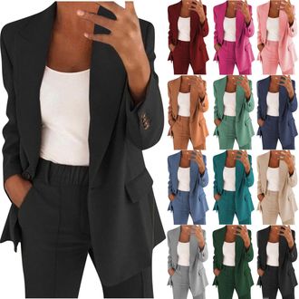 Generic Womens Elegant Wedding Suit Casual Plain 2 Piece Outfits Ladies Button Dressy Blazer Jacket and Elasticated Waist Trousers Set Spring Summer Women Sui