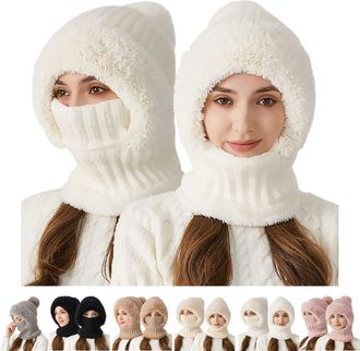 Generic 3 in 1 Beanie Hat for Women, Windproof Scarf Hat, Winter Hats for Women Cold Weather, Warm Snow Hats (UK, Alpha, One Size, with Ball on Top - White)