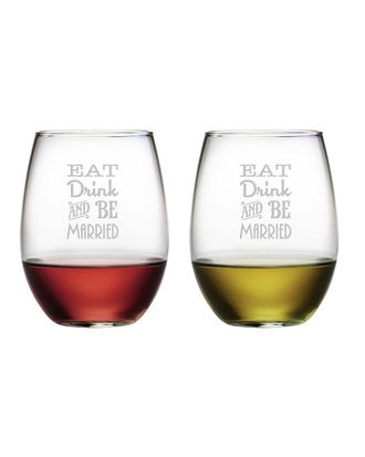 SUSQUEHANNA GLASS Eat Drink Be Married Set of Two 21oz Stemless Wine Glasses