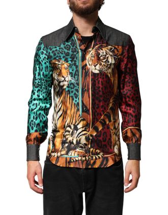 Dolce & Gabbana Multicolor Tiger Leopard Print Silk Men Mens Shirt