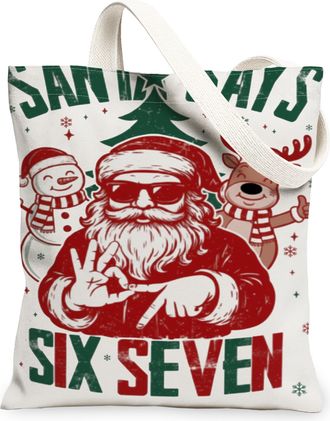 Generic Christmas Santa Canvas Tote Bags, Festive Reusable Grocery Bags, Vintage Lightweight Washable Shoulder Strap Canvas for Tra, White, 13x15 Inch