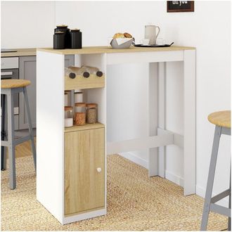 IDMarket Ameri Mesa De Bar Con Armario Y Portabotellas Para 2 Personas, Madera Y Blanco
