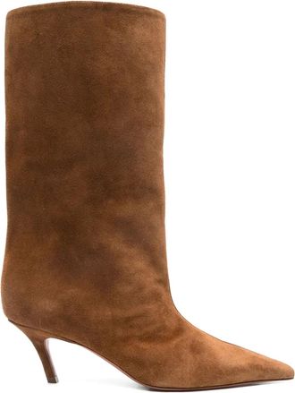 Amina Muaddi 60 mm Fiona suède knielaarzen met puntige neus - Bruin