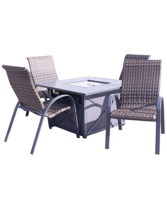 Courtyard Casual Santa Fe Dark Gray 5Pc Square Fire Pit Set With 1 Fire Pit And 4 Wicker Chairs