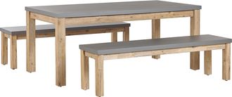 Beliani Conjunto De Jard&iacute;n De Cemento Reforzado Gris Madera De Acacia Clara Mesa De 6 Plazas 2 Bancos Para Exteriores Industrial Moderno Ostuni