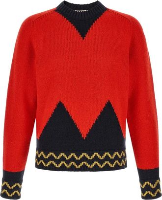 Marni Wol trui met M Intarsia - Heren - Ronde hals truien - Rood - XL - Wol - Truien & Vesten