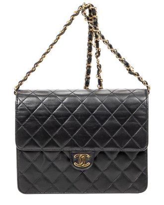 Chanel Black Quilted Lambskin Leather Cc Push Lock Straight Single Flap (Authentic Pre-Loved)