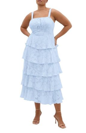 City Chic Daniela Tiered Ruffle Sleeveless Midi Dress in Sky Blue at Nordstrom, Size Xxxs