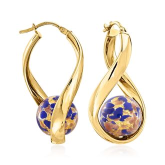 Ross-Simons Italian Blue Murano Glass Bead Twisted Hoop Earrings in 18kt Gold Over Sterling