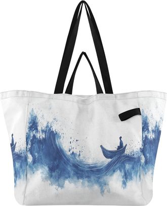 Generic Wave Boat Blue pattern Reusable Canvas Tote Bag, Heavy Duty Grocery Shopping Bag with Hard Bottom Double Handles Large Capacity Work Groceries Travel