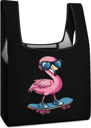 Generic Flamingo Skateboarder Shopping Bag Reusable Grocery Tote Bag Foldable Handbag for Travel Picnic