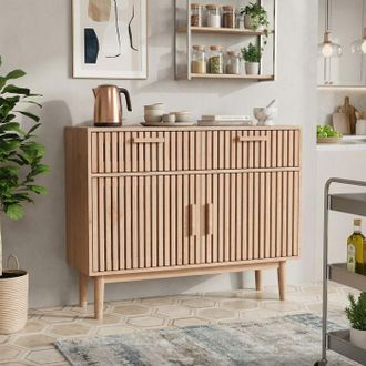 OEM Buffet De Cocina De Madera Maciza 100 X 35 X 80 Cm - 2 Cajones, 2 Puertas, Anti-vuelco - Estilo Escandinavo