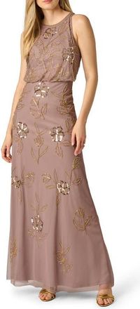 Adrianna Papell Beaded Floral Sleeveless Blouson Bodice Gown in Stone at Nordstrom, Size 12