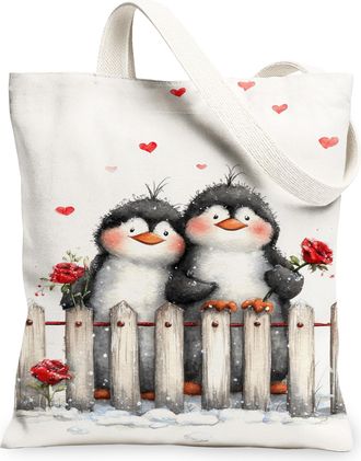 Generic Cute Penguin Canvas Tote Bags, Adorable Animal Pattern Reusable Grocery Bags, Winter Floral Lightweight Washable Shoulder F, White, 13x15 Inch