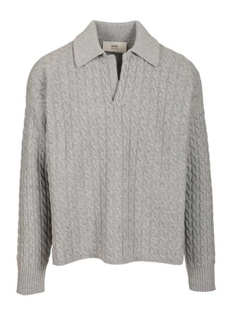 Ami Cable-Knit Polo Shirt Knitwear Grey-Uomo