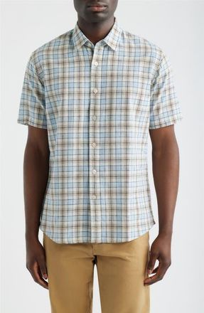 James Campbell Serra Regular Fit Plaid Short Sleeve Cotton & Linen Sport Shirt in Sky at Nordstrom, Size Xx-Large