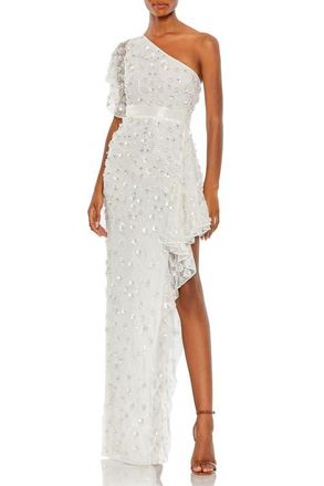 Mac Duggal One-Shoulder Beaded 3D Embellishments Gown in White at Nordstrom, Size 8