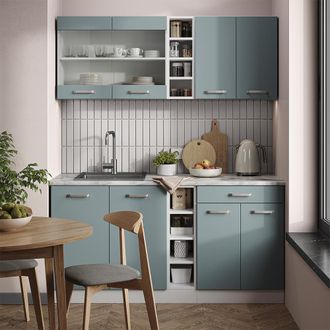 Vicco Cocina Para Solteros R-line, Azul-gris-blanco, 160 Cm Sin Encimera