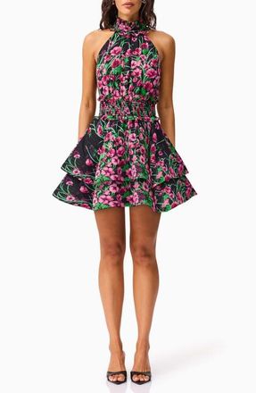 Elliatt Estelle Metallic Floral Smocked Waist Fit & Flare Minidress in Black Multi at Nordstrom, Size Xx-Large
