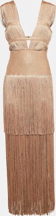 H&eacute;rve L&eacute;ger Metallic Lurex Knit Fringed Bodycon Evening Gown