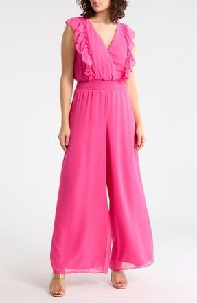 Halogen Ruffle V-Neck Wide Leg Jumpsuit in Electric Pink at Nordstrom Rack, Size X-Large