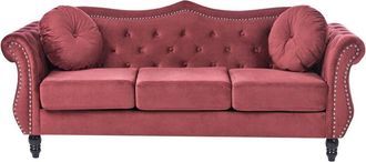 Beliani Beliani - Sof&aacute; 3 Plazas Tapizado En Terciopelo Rojo Oscuro Botones De Adorno Apoyabrazos Enrollados Estilo Glam Skien